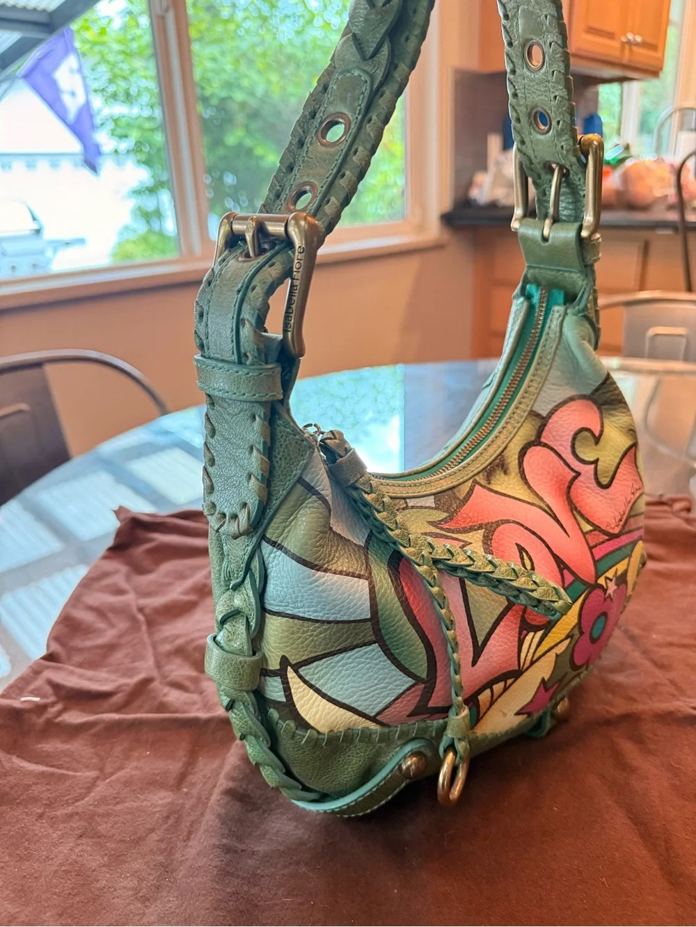 Isabella Fiore Green Leather Shoulder Bag with Pink & Teal 'LOVE' Graphic - Picture 5 of 6